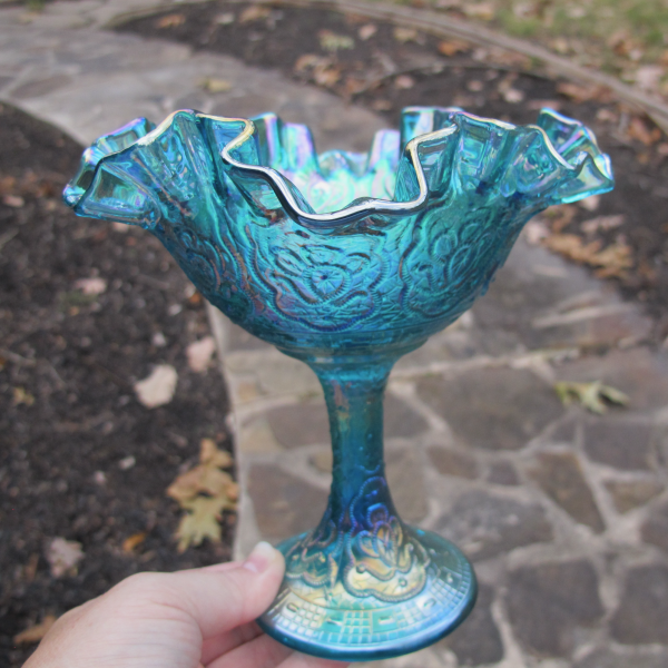 Fenton Persian Medallion Teal Carnival Glass Crimped Ruffled Compote