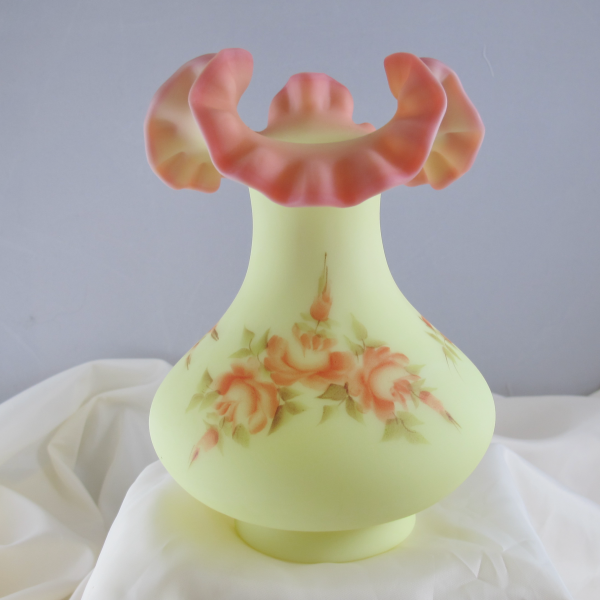 Fenton Hand Painted Roses Burmese Art Glass Vase