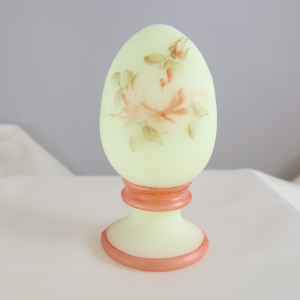 Fenton Painted Roses Burmese Art Glass Egg Paperweight