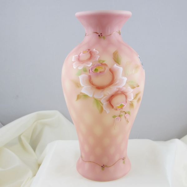 Fenton Painted Roses Criss Cross Burmese Art Glass Vase