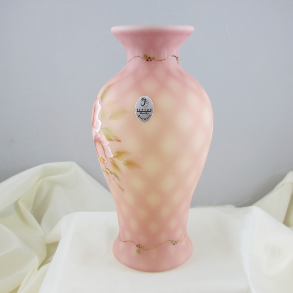 Fenton Painted Roses Criss Cross Burmese Art Glass Vase