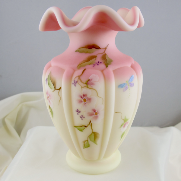 Fenton Painted Flowers and Dragonfly Burmese Art Glass Vase