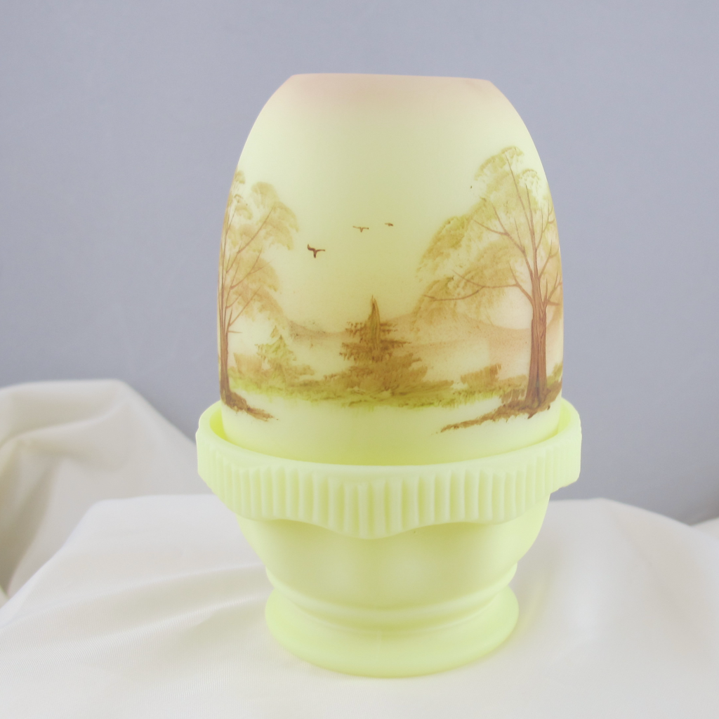 Fenton Hand Painted Trees Burmese Art Glass Fairy Lamp Carnival Glass