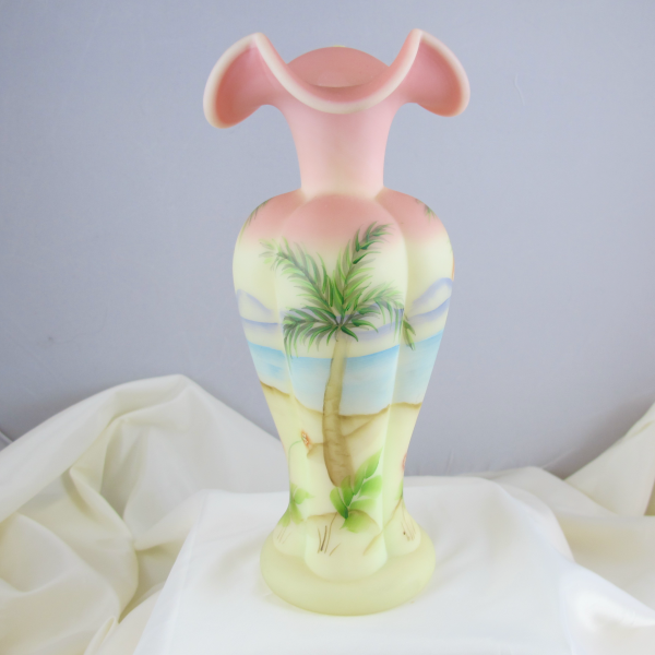 Fenton Painted Palm Trees Beach Burmese Art Glass Vase Ewer *Landmark Collection