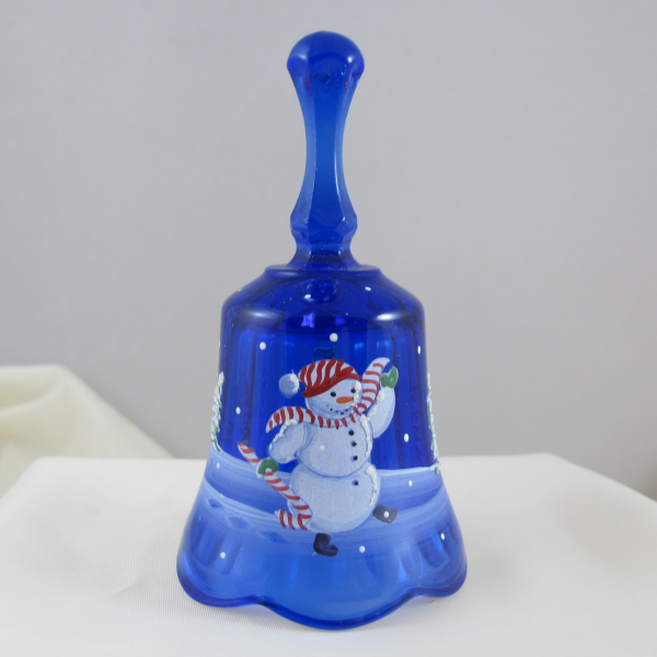 Fenton Handpainted Snowman Scene Cobalt Blue Art Glass Bell
