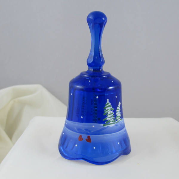 Fenton Handpainted Snowman Scene Cobalt Blue Art Glass Bell