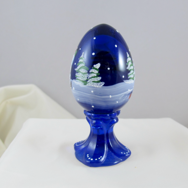 Fenton Handpainted Snowman Scene Cobalt Blue Art Glass Egg