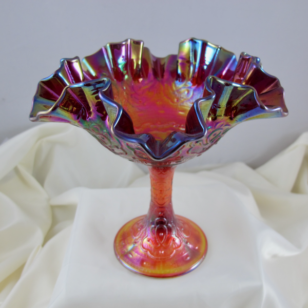 Fenton Persian Medallion Red Carnival Glass Crimped Ruffled Compote