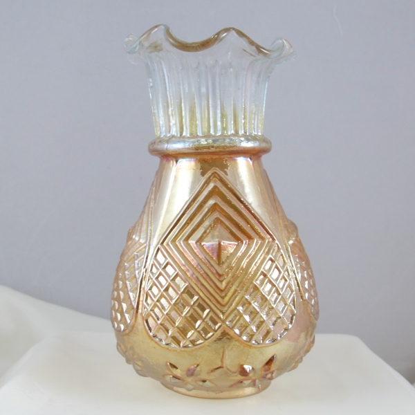 Antique Jain Diamond Heart Marigold Carnival Glass Small Vase