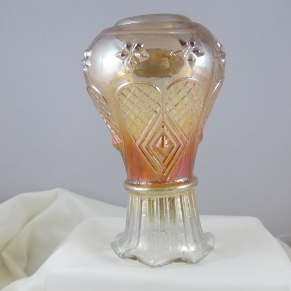 Antique Jain Diamond Heart Marigold Carnival Glass LARGE Vase
