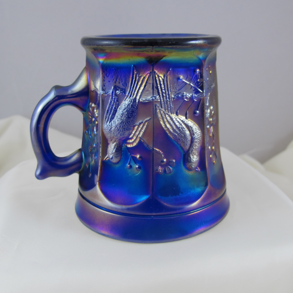 Antique Northwood Singing Birds Blue Carnival Glass Mug