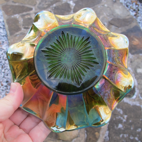 Antique Millersburg Cosmos Green Carnival Glass RUFFLED Bowl