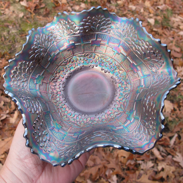 Antique Fenton Mirrored Lotus Blue Carnival Glass Bowl
