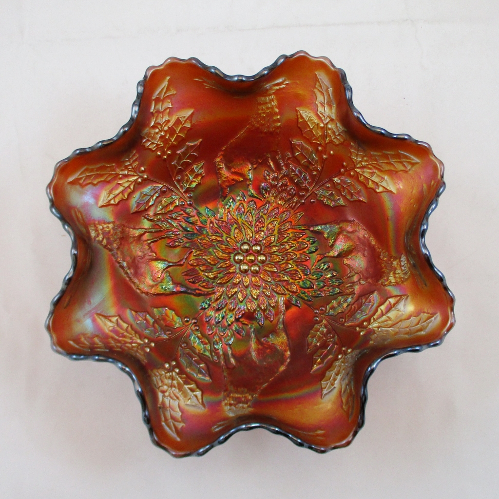 Antique Fenton Amethyst Stag & Holly Carnival Glass Footed Bowl Carnival Glass