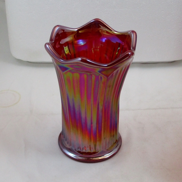 Mosser Red Fine Rib Carnival Glass Flared Squatty Vase #1