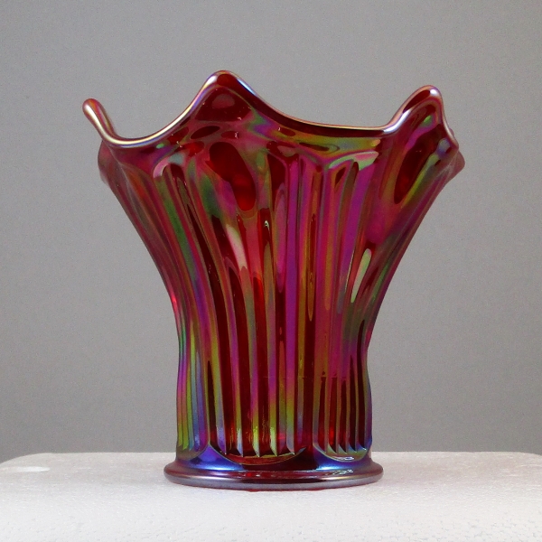 Mosser Red Fine Rib Carnival Glass Flared Squatty Vase #3