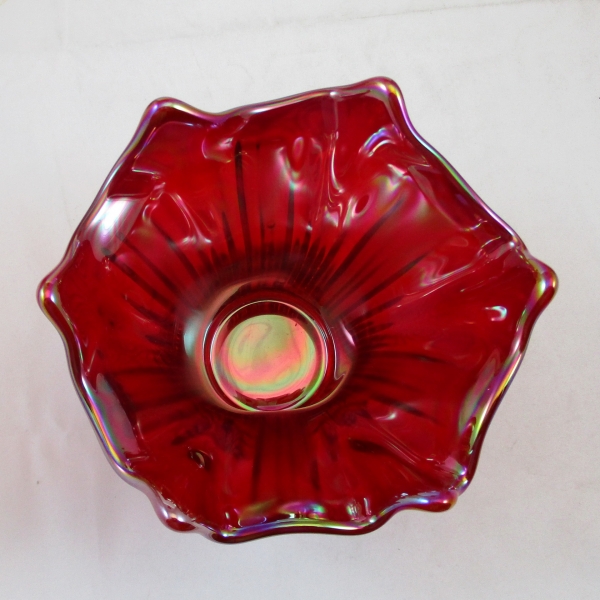Mosser Red Fine Rib Carnival Glass Flared Squatty Vase #3