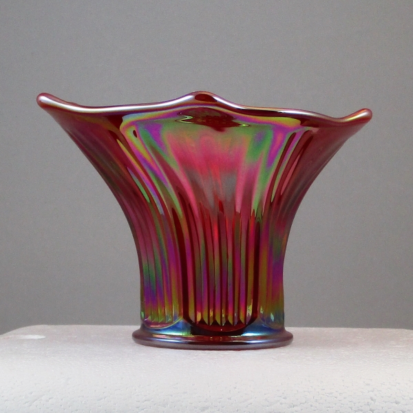 Mosser Red Fine Rib Carnival Glass Flared Squatty Vase #4