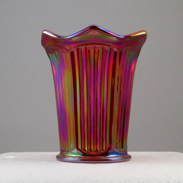 Mosser Red Fine Rib Carnival Glass Flared Squatty Vase #5
