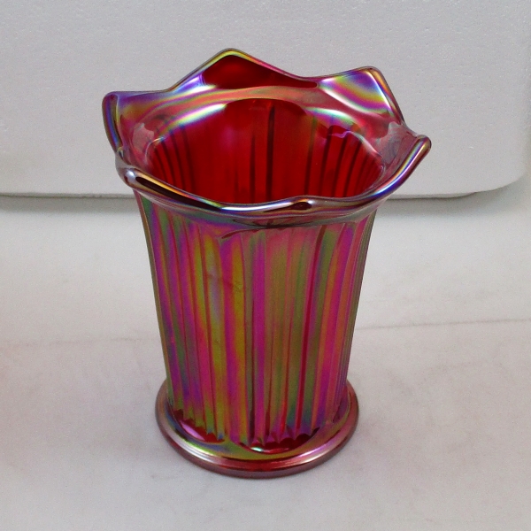 Mosser Red Fine Rib Carnival Glass Flared Squatty Vase #5