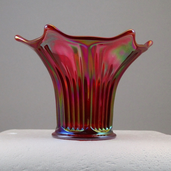Mosser Red Fine Rib Carnival Glass Flared Squatty Vase #6