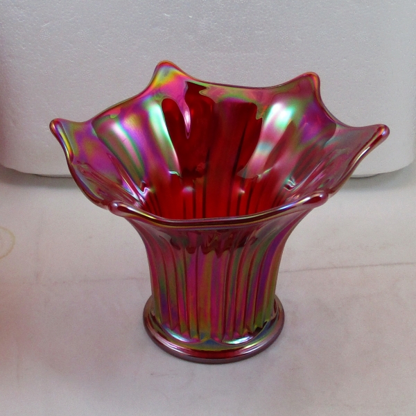 Mosser Red Fine Rib Carnival Glass Flared Squatty Vase #6