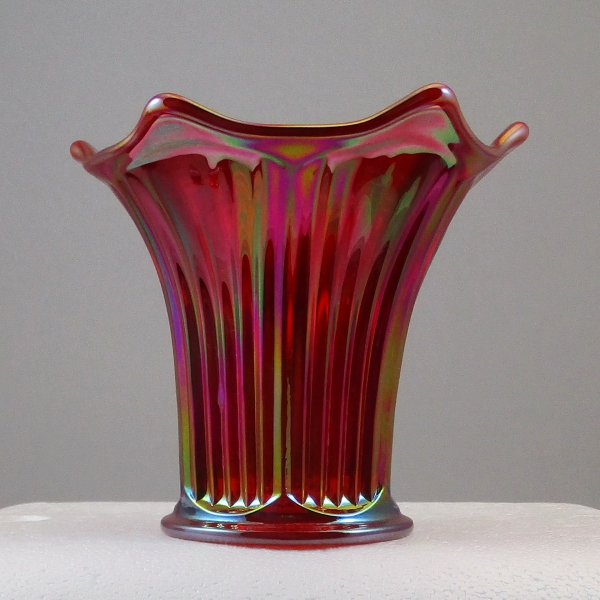 Mosser Red Fine Rib Carnival Glass Flared Squatty Vase #8