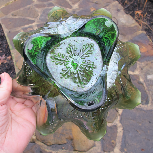 Antique Northwood Sunflower Green Carnival Glass Bowl