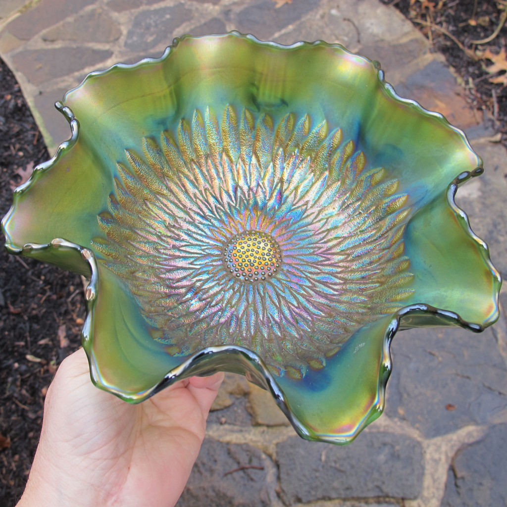 Antique Northwood Sunflower Green Carnival Glass Bowl Carnival Glass