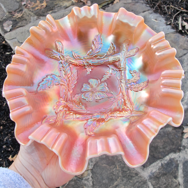 Antique Dugan Peach Opal Apple Blossom Twigs Carnival Glass 3N1 Bowl