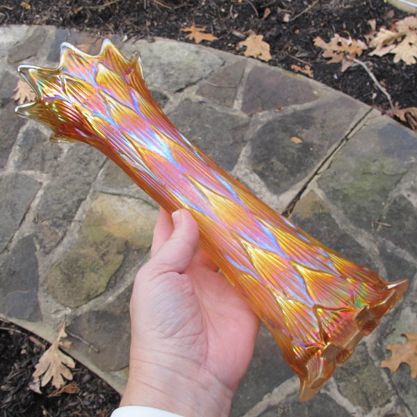 Antique Dugan Lined Lattice Marigold Carnival Glass Vase - SQUARE TOES