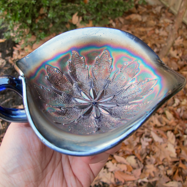 Antique Dugan Blue Leaf Rays Carnival Glass Spade Nappy Bowl