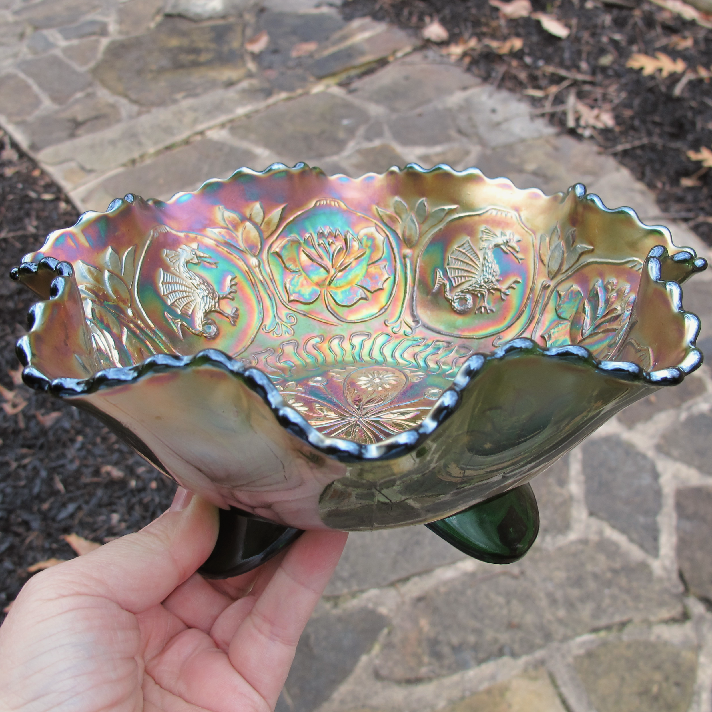 Antique Fenton Dragon & Lotus Green Carnival Glass Footed Bowl Antique Fenton Dragon & Lotus Green Carnival Glass Footed Bowl
