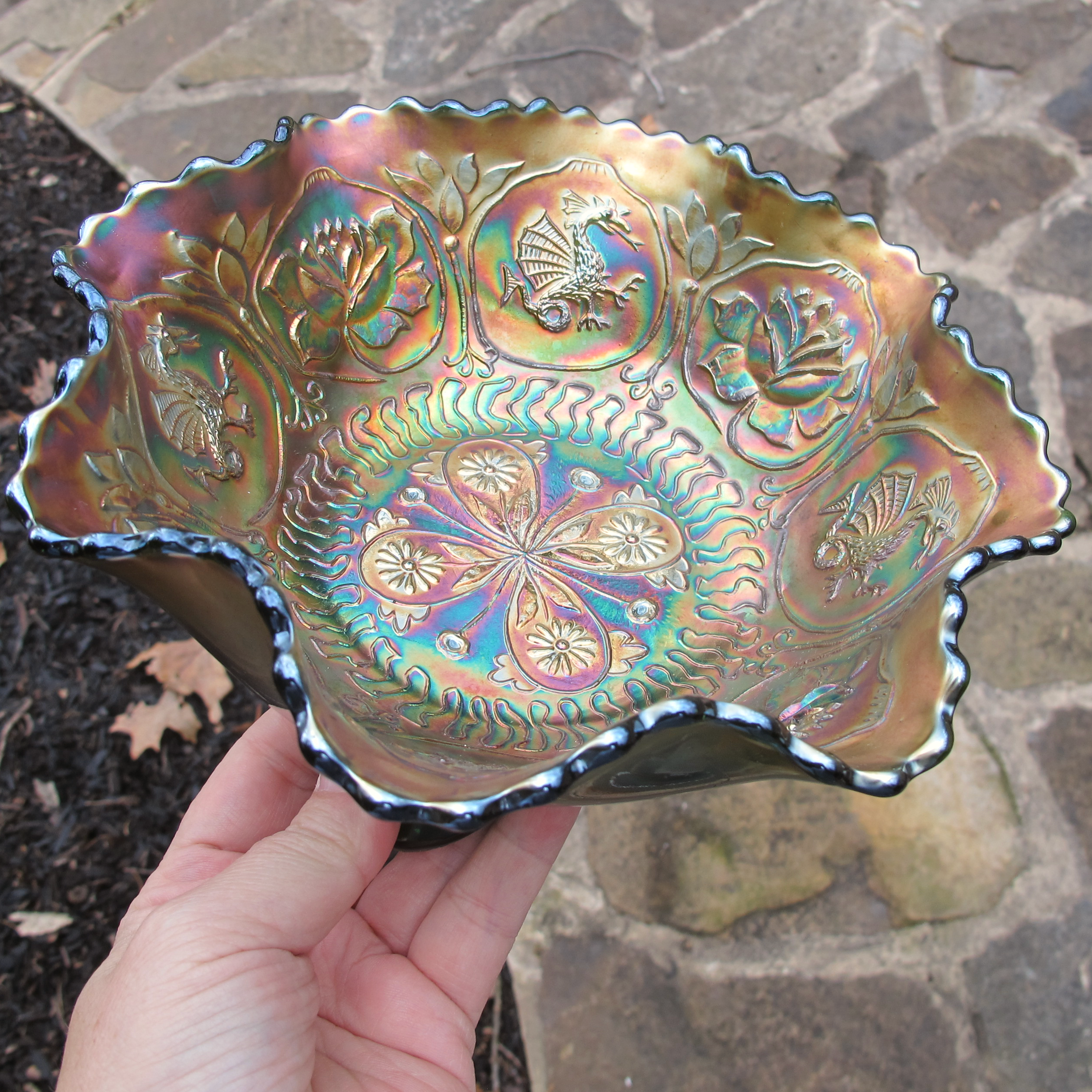 Antique Fenton Dragon & Lotus Green Carnival Glass Footed Bowl Antique Fenton Dragon & Lotus Green Carnival Glass Footed Bowl