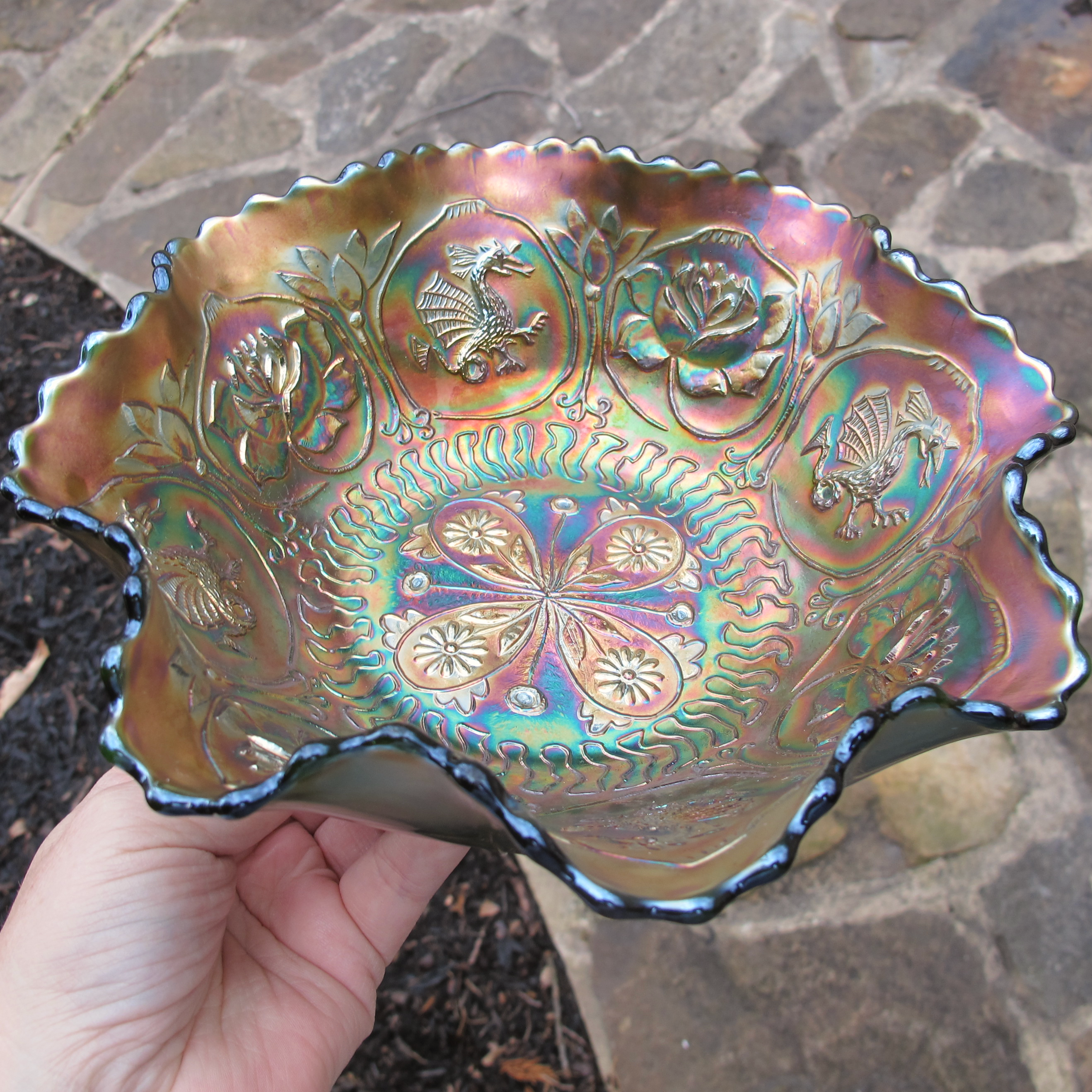 Antique Fenton Dragon & Lotus Green Carnival Glass Footed Bowl Antique Fenton Dragon & Lotus Green Carnival Glass Footed Bowl