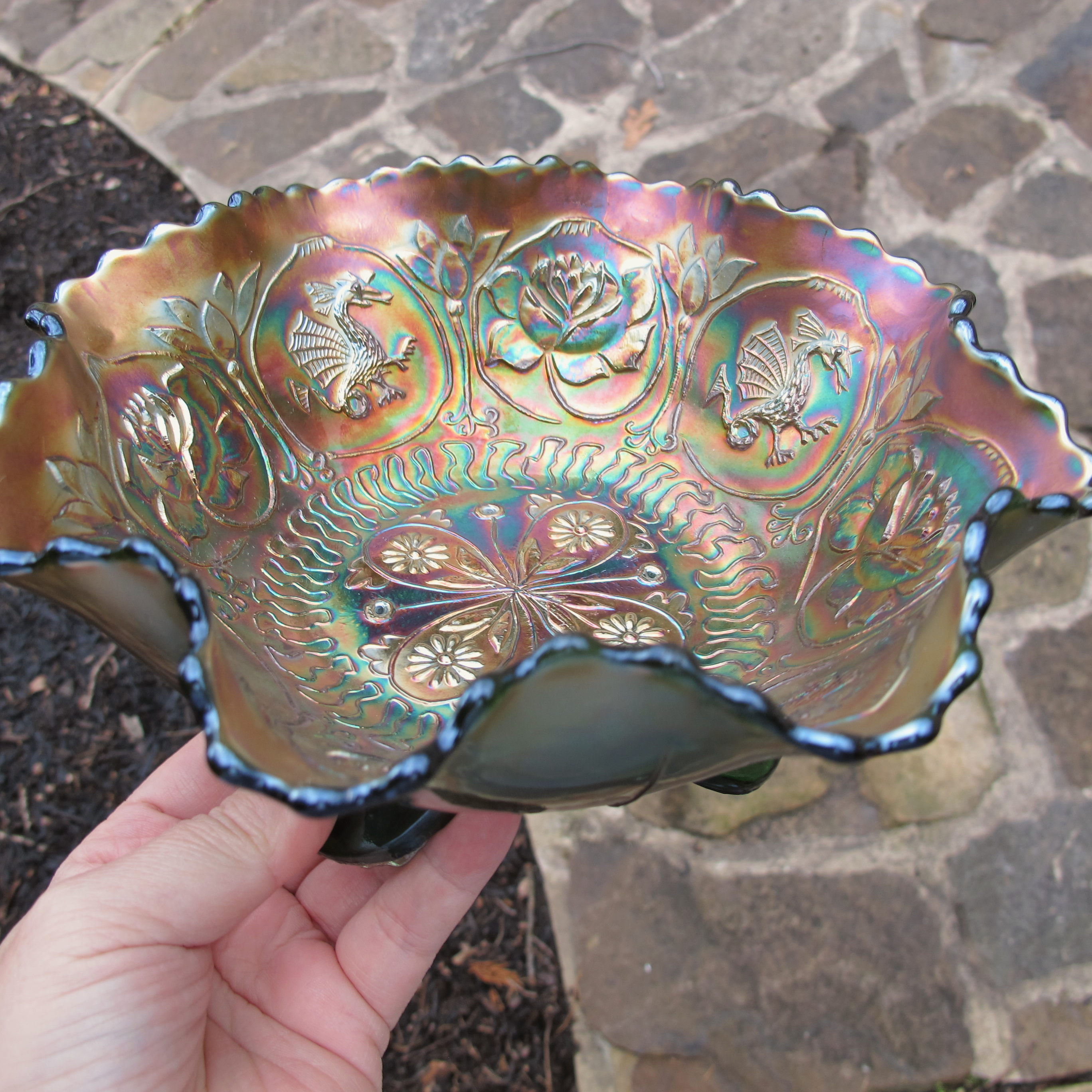 Antique Fenton Dragon & Lotus Green Carnival Glass Footed Bowl Antique Fenton Dragon & Lotus Green Carnival Glass Footed Bowl