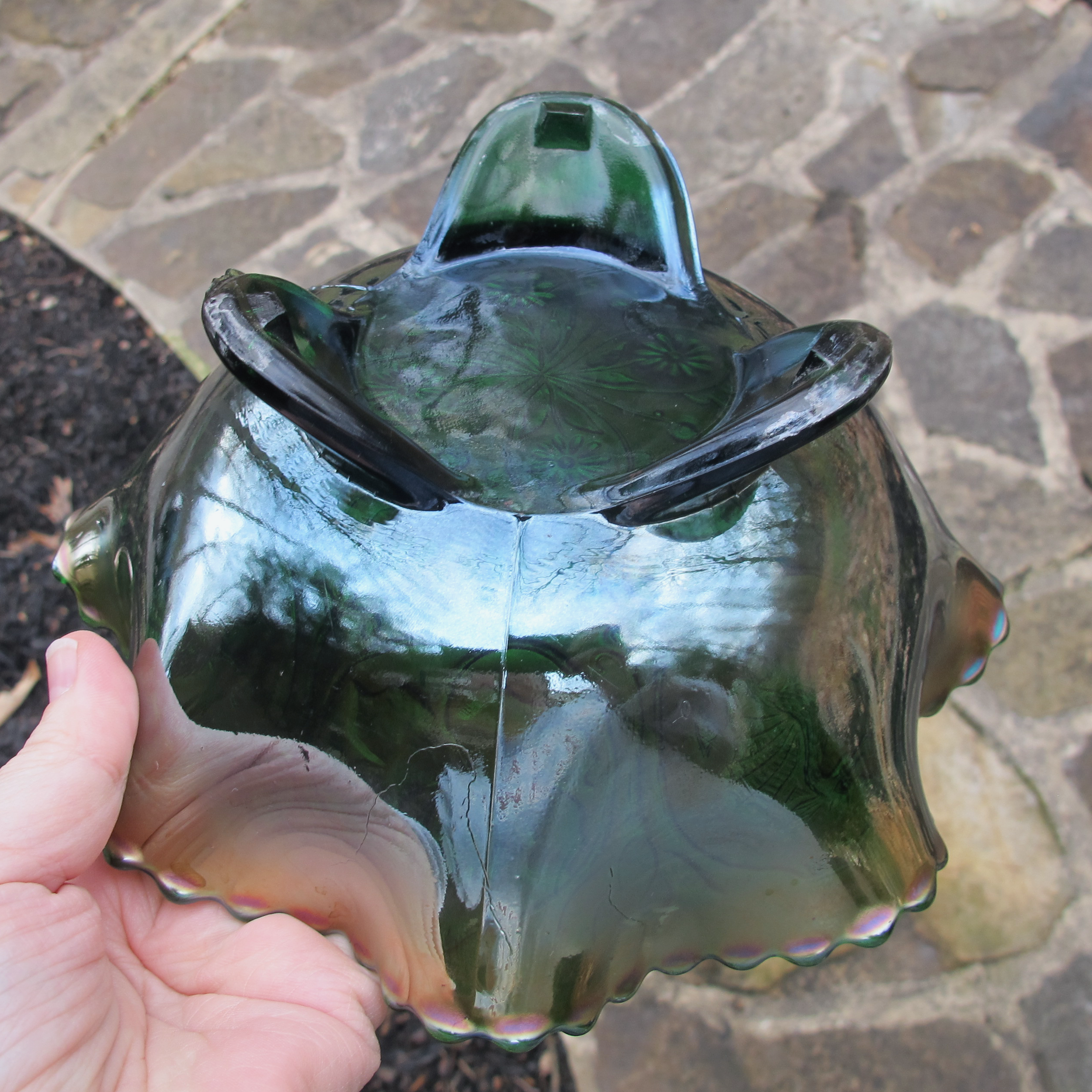 Antique Fenton Dragon & Lotus Green Carnival Glass Footed Bowl Antique Fenton Dragon & Lotus Green Carnival Glass Footed Bowl