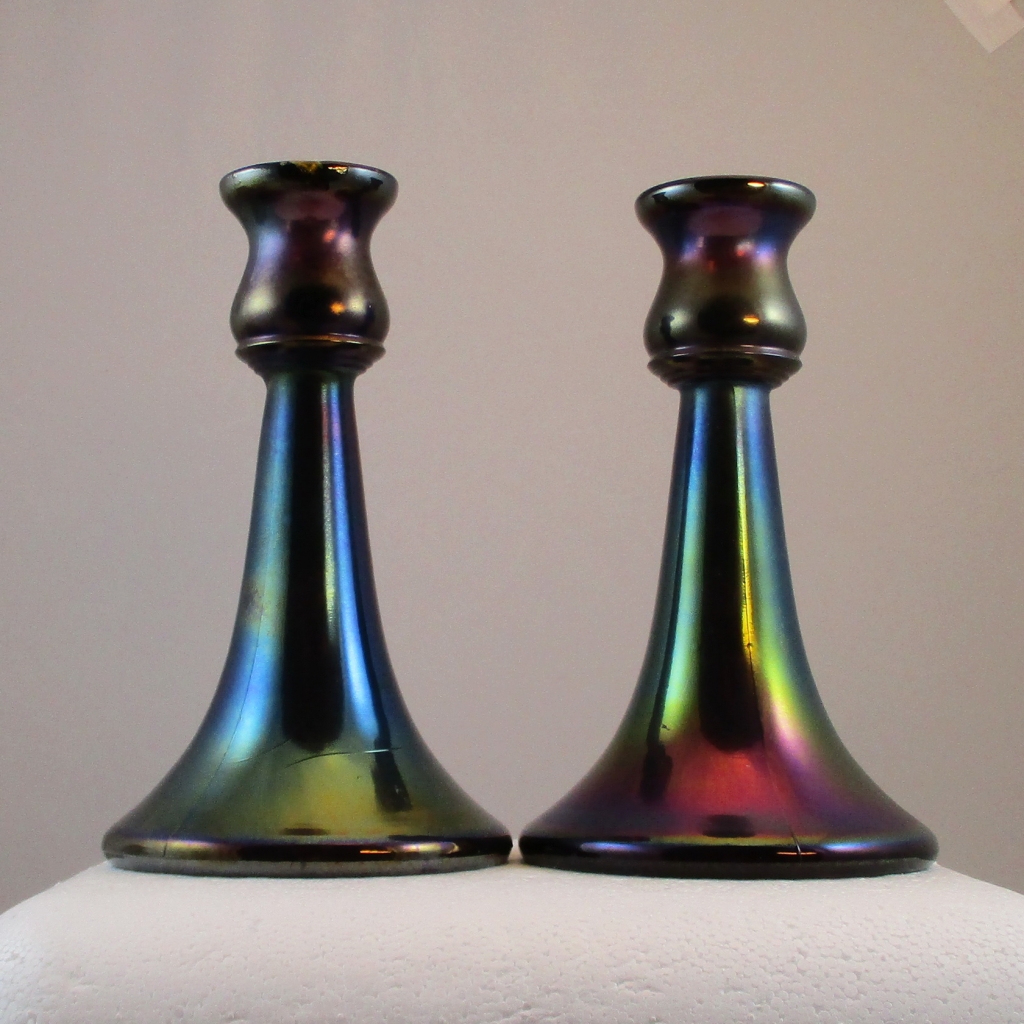 Antique Vineland Wisteria Trumpet Stretch Carnival Glass Candle Holders