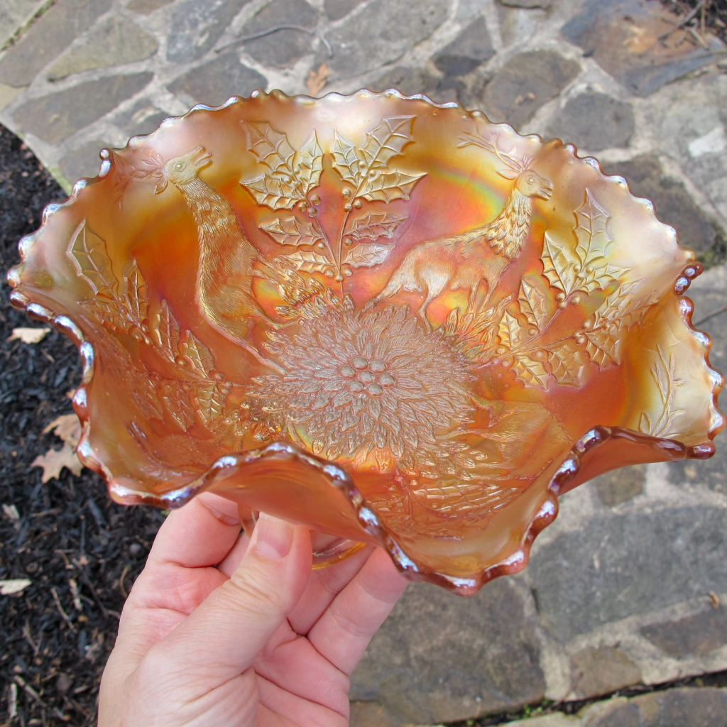Antique Fenton Stag & Holly Marigold Carnival Glass Footed Bowl