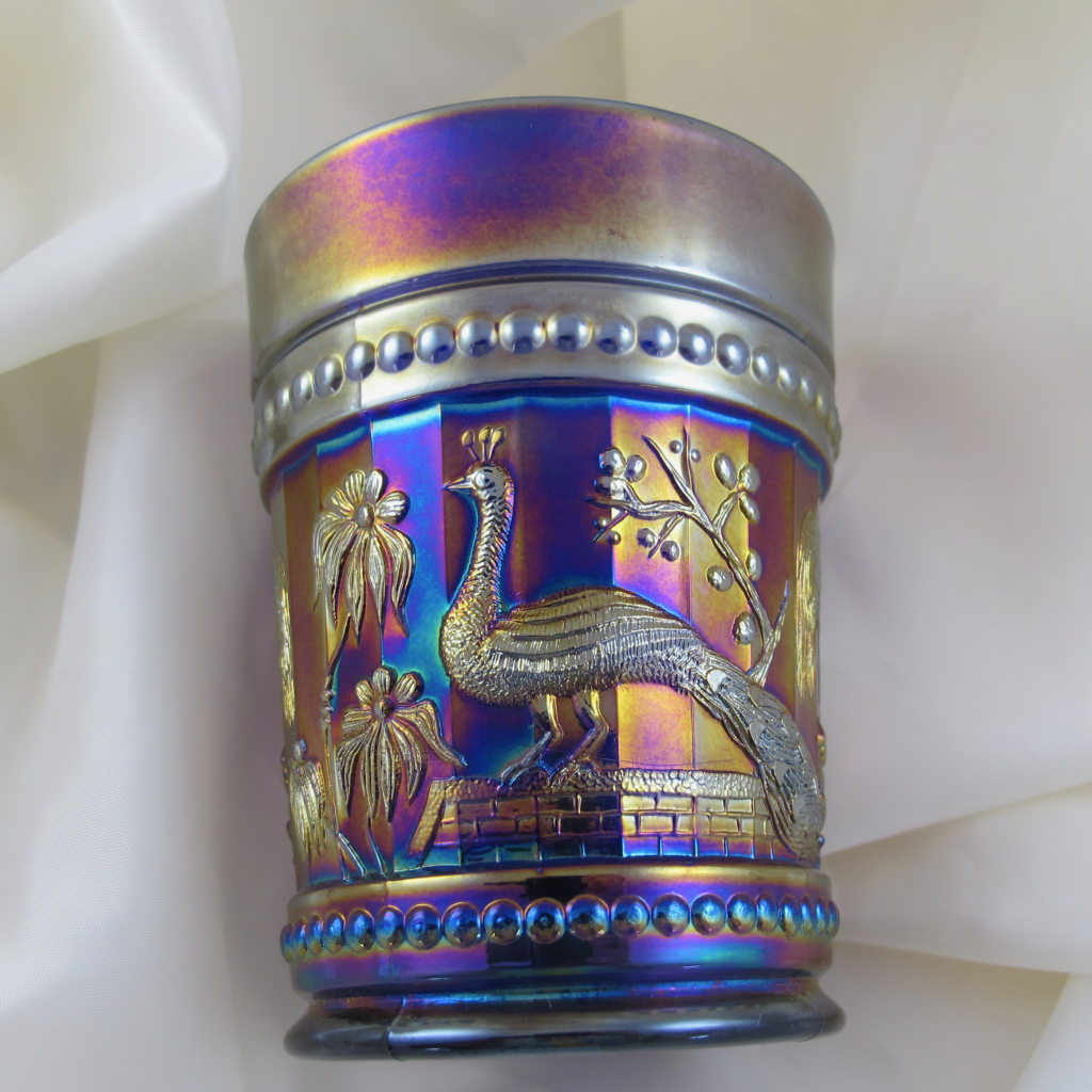 Antique Northwood Peacock at the Fountain Blue Carnival Glass Tumbler   Carnival Glass