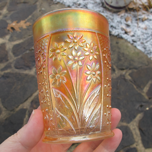 Antique Fenton Bouquet Marigold Carnival Glass Tumbler