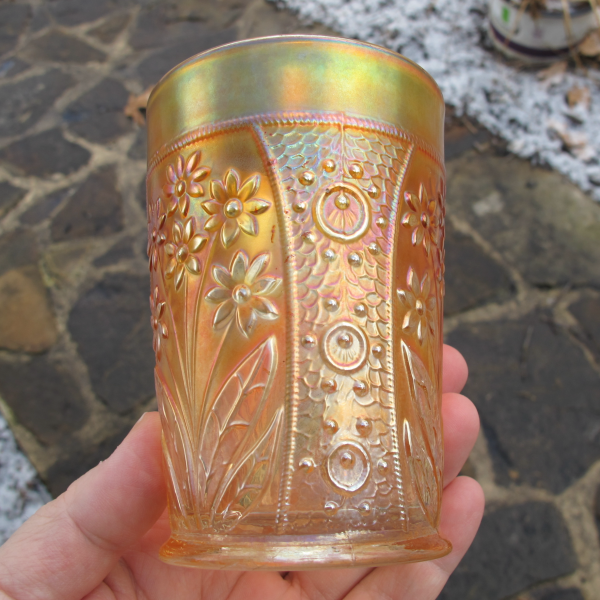 Antique Fenton Bouquet Marigold Carnival Glass Tumbler