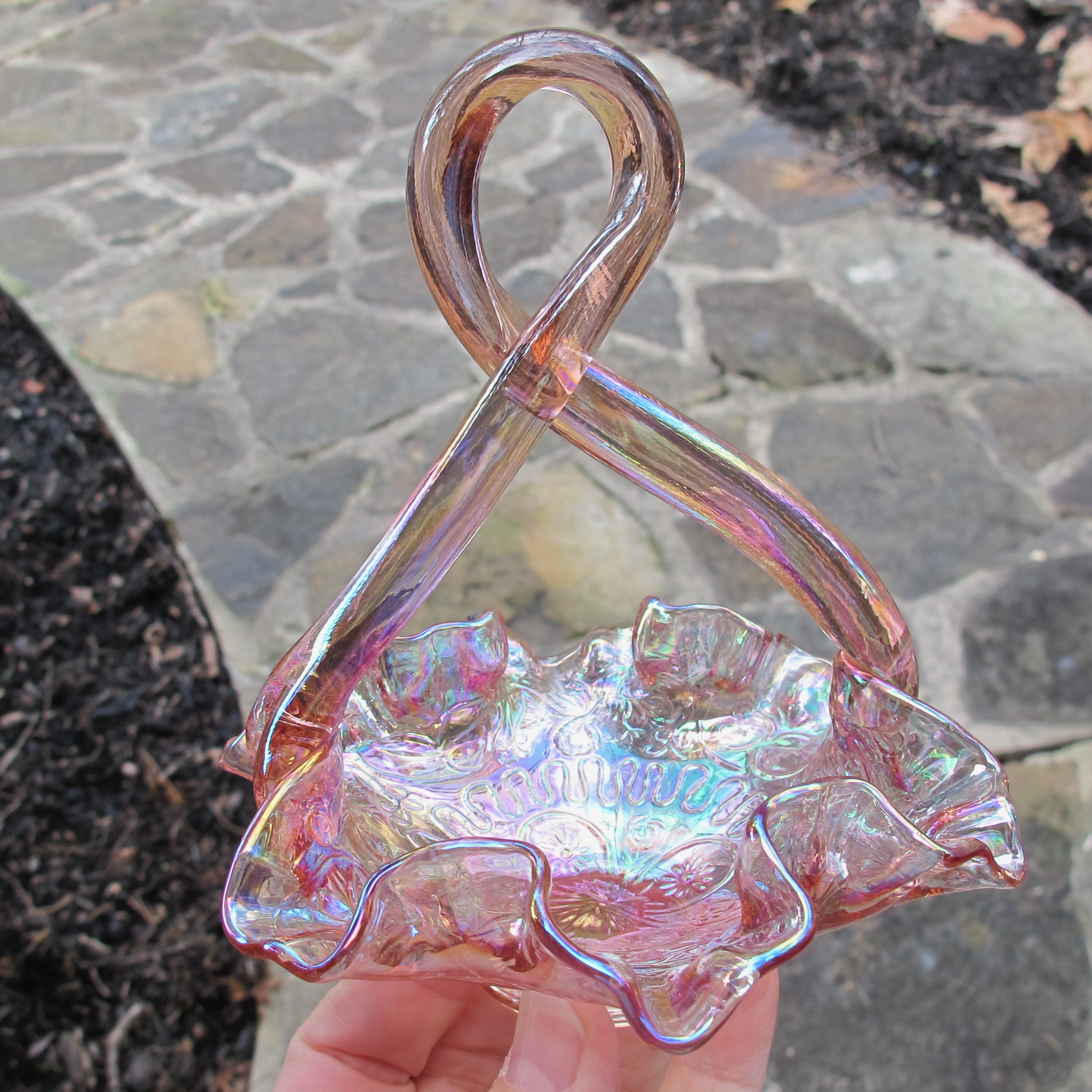 Fenton Pink Dragon & Lotus Carnival Glass Mini-Basket Dorothy