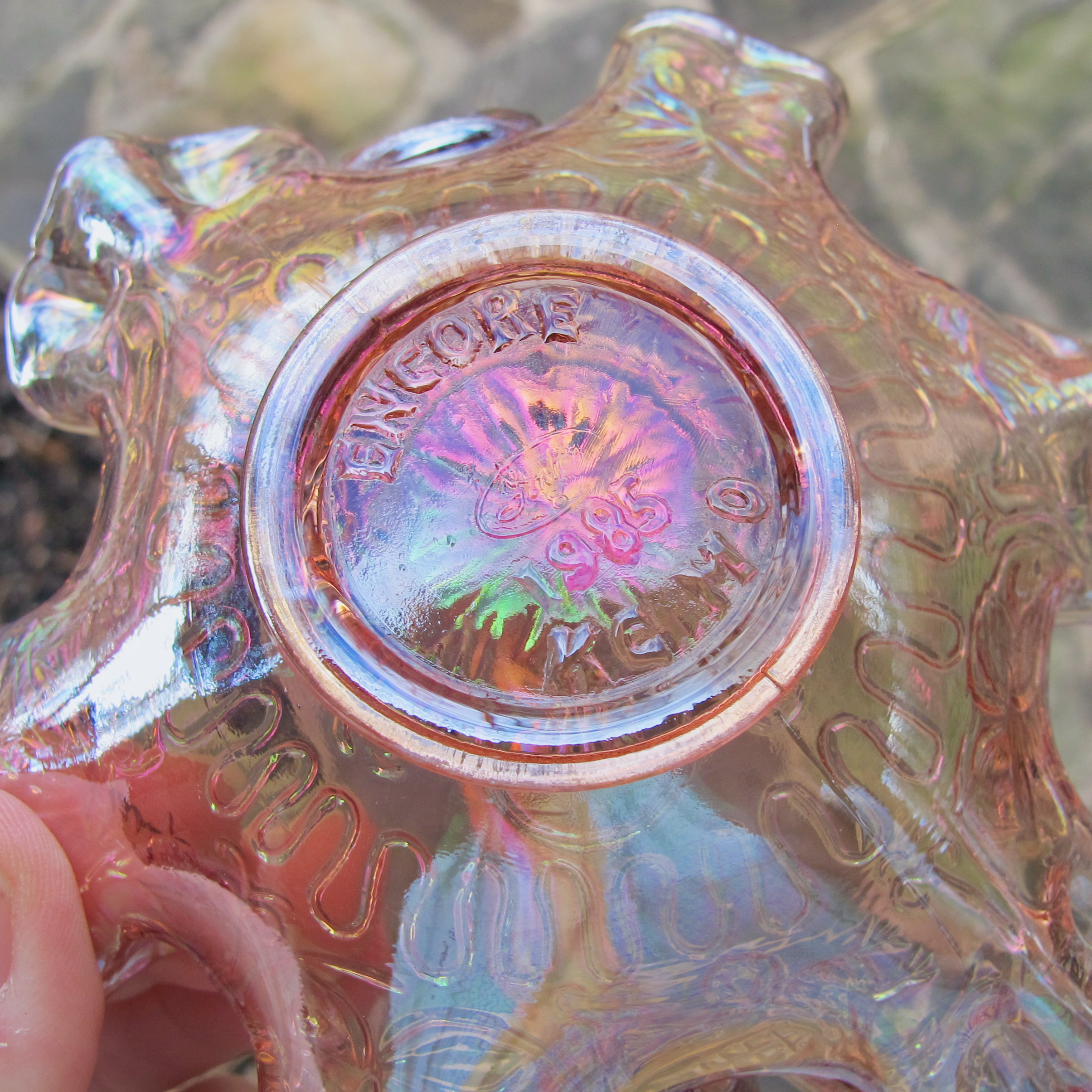 Fenton Pink Dragon & Lotus Carnival Glass Mini-Basket Dorothy