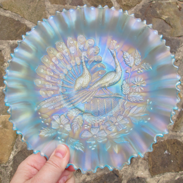 Antique Northwood Peacocks on the Fence Ice Blue Carnival Glass PCE Bowl