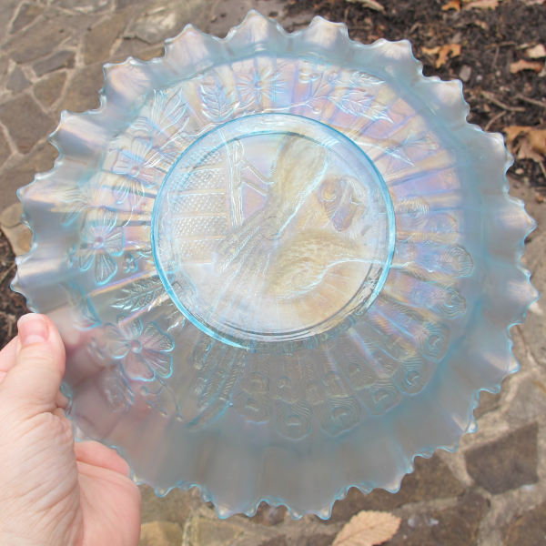 Antique Northwood Peacocks on the Fence Ice Blue Carnival Glass PCE Bowl