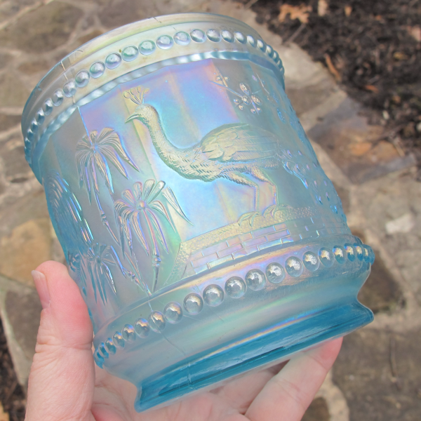 Antique Northwood Peacock at the Fountain Ice Blue Carnival Glass Sugar Bowl