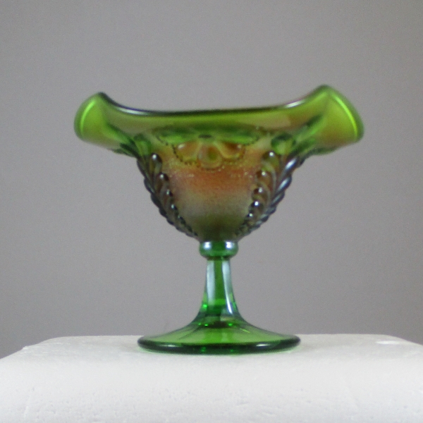 Antique Northwood Daisy & Plume Green Carnival Glass Compote