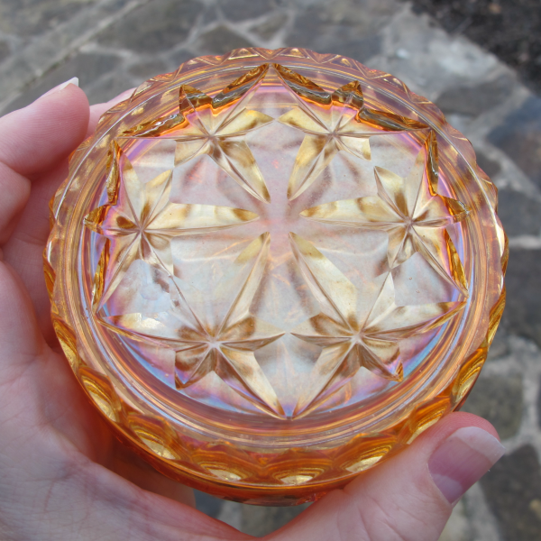 Antique Inwald Marigold Double Diamonds Carnival Glass Powder Jar