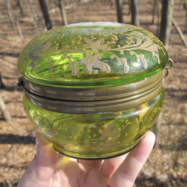 Antique Moser Mary Gregory Painted Enameled Green Art Glass Powder Jar